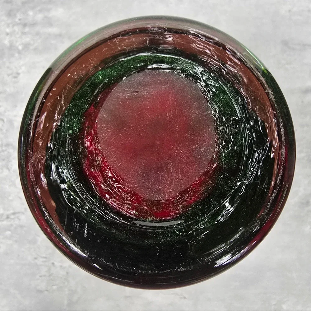 Hand Blown Double Handle Amphora Art Glass Vase Red Gold Green Aventurine 10in